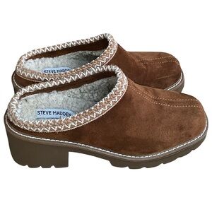 Steve Madden tan slip-on suede chunky heeled mule clogs size 10